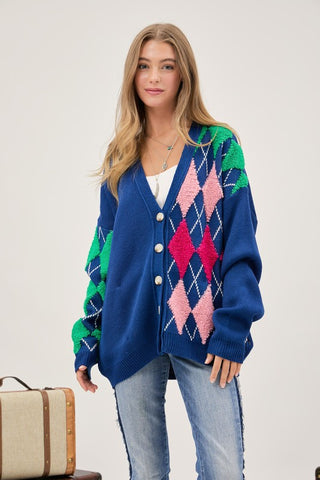 Plush Argyle Button Front Loose Fit Knit Cardigan cardigan