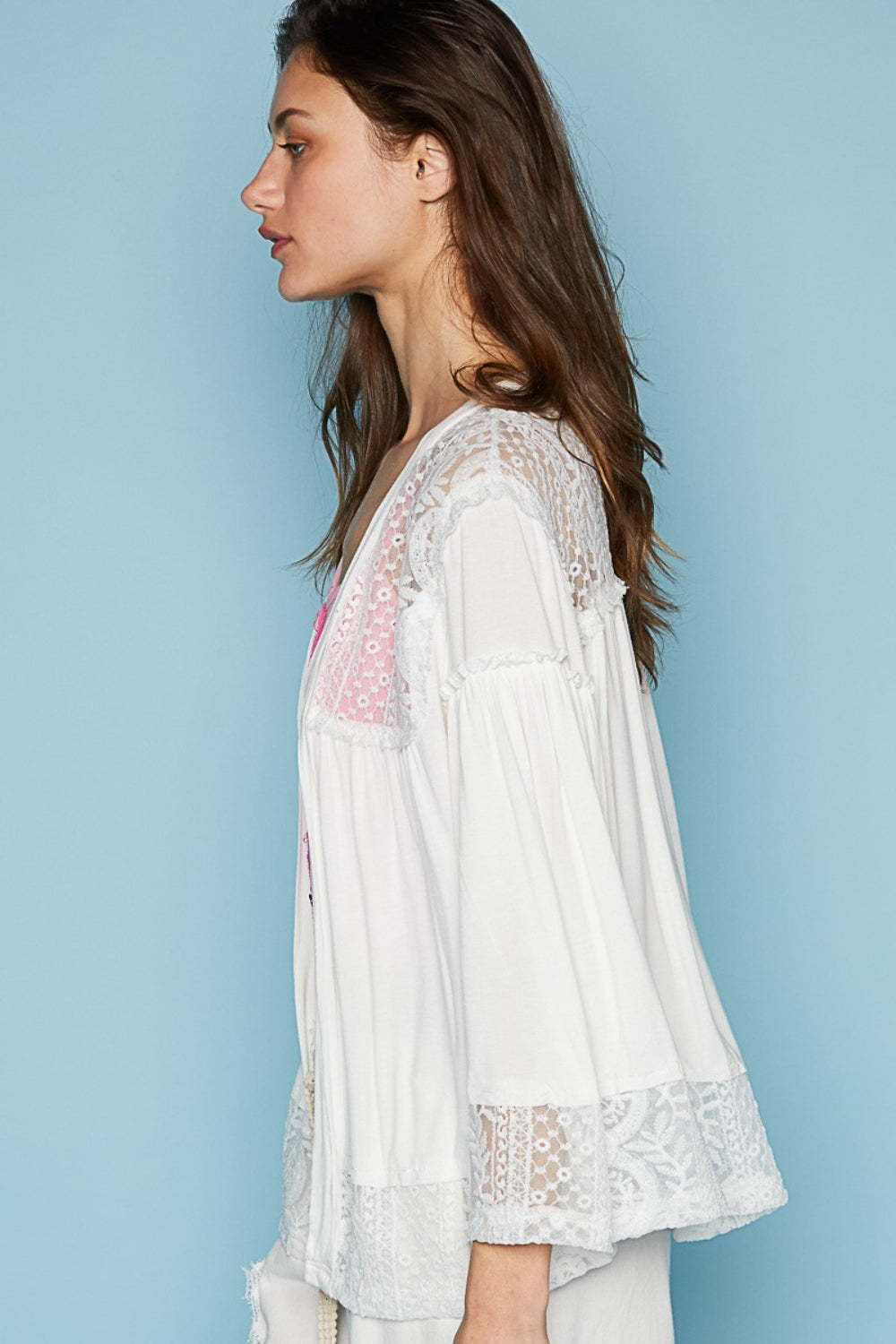 POL Open Front Lace Detail Cardigan Top