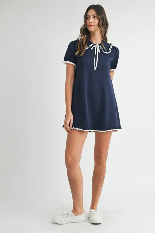 Ruffle Trimmed Collar Fine Knit Mini Dress Dress