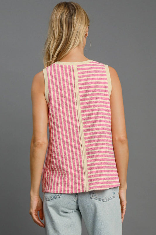 Umgee Round Neck Texture Striped Tank Top