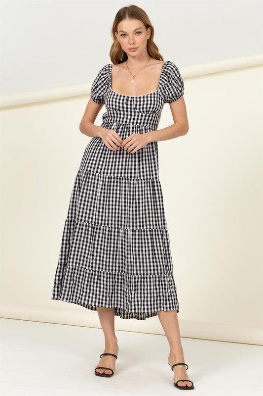 Somewhere to Go Tie-Back Gingham Print Maxi Dress BLACK Dress