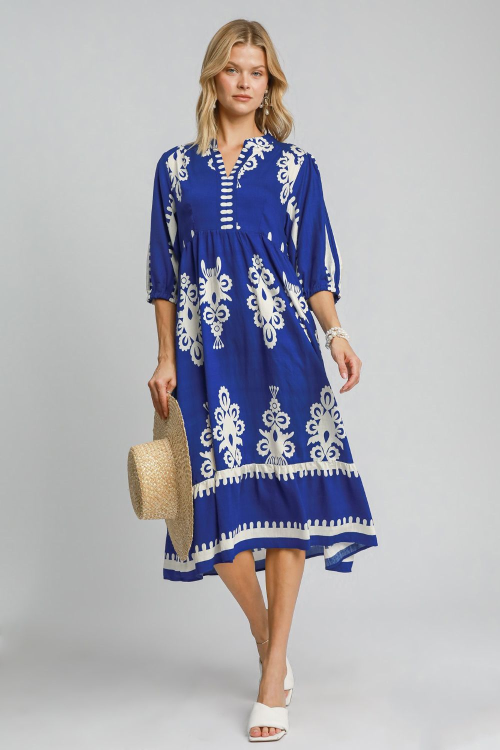 Umgee Printed Notched Midi Dress Royal Blue Dress