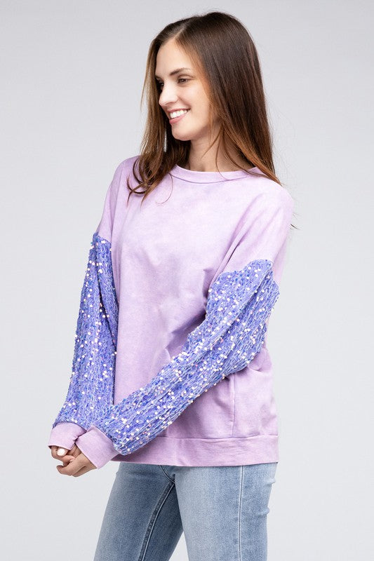 Velvet Sequin Sleeve Mineral Washed Top Sweater