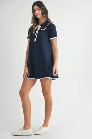Ruffle Trimmed Collar Fine Knit Mini Dress Dress