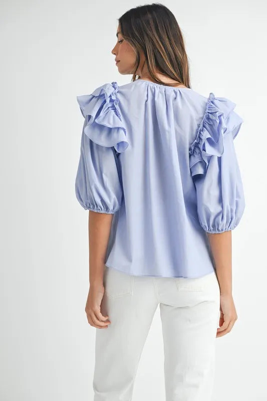Stripe Ruffle Shoulder Puff Sleeve Blouse Blouse