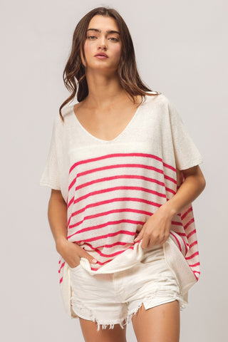 BiBi V Neck Striped Short Sleeve Top Top