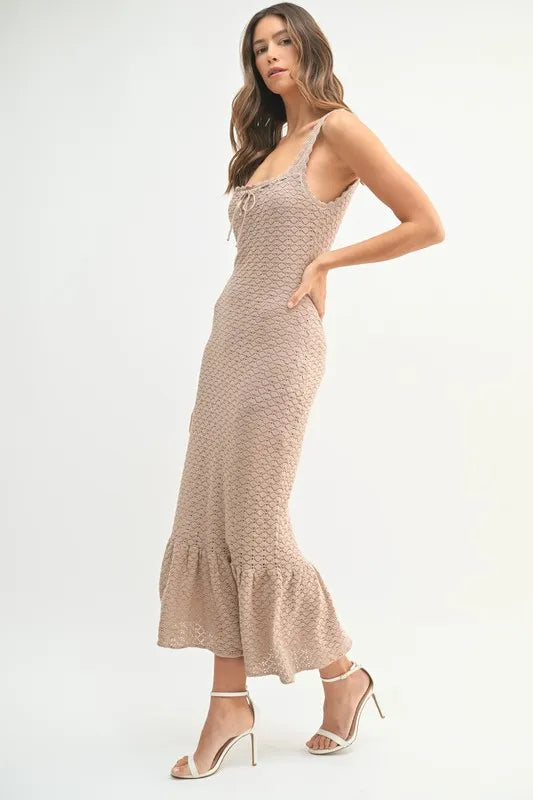 Ruffled Hem Sleeveless Crochet Knit Midi Dress Dress