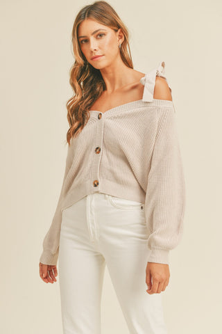 Off Shoulder Self Tie Strap Button Down Sweater Dusty Lavender cardigan