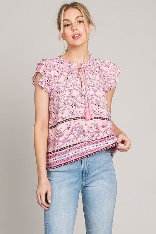 Cotton Bleu by Nu Lab Print Ruffle Sleeve Detail Blouse Pink Top
