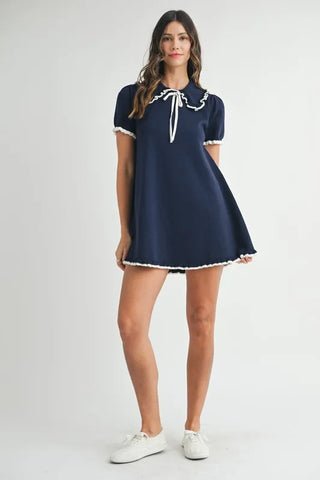 Ruffle Trimmed Collar Fine Knit Mini Dress Dress