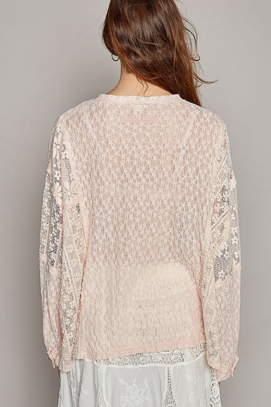 POL Round Neck Long Sleeve Raw Edge Lace Top Top