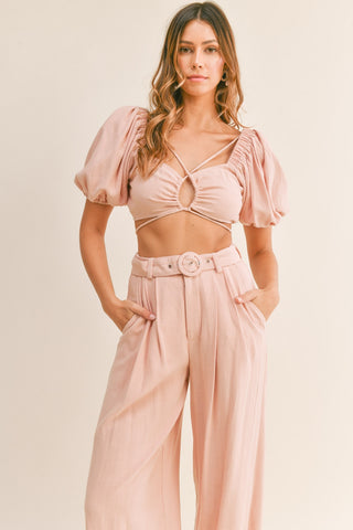 MABLE Cut Out Drawstring Crop Top and Belted Pants Set Set