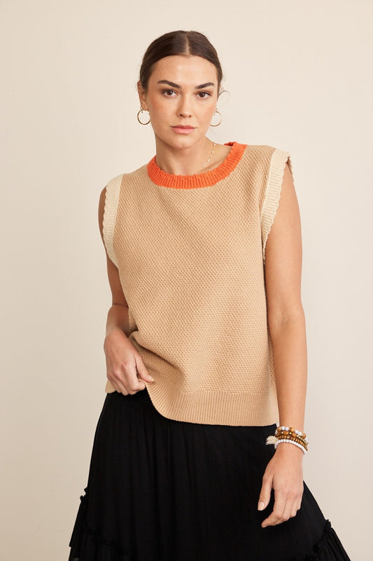 In February Contrast Round Neck Sweater Vest Taupe Multi Top