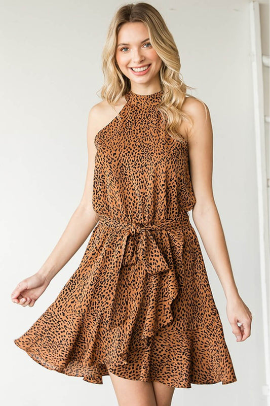 First Love Full Size Leopard Belted Sleeveless Dress Mocha Dress