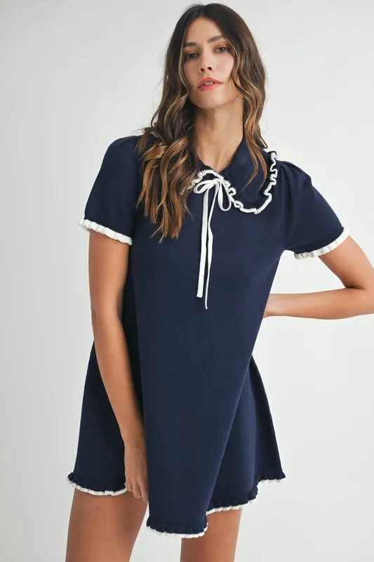 Ruffle Trimmed Collar Fine Knit Mini Dress Dress