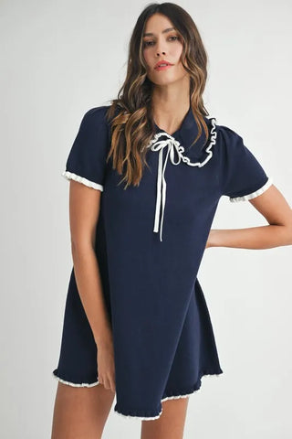 Ruffle Trimmed Collar Fine Knit Mini Dress Dress