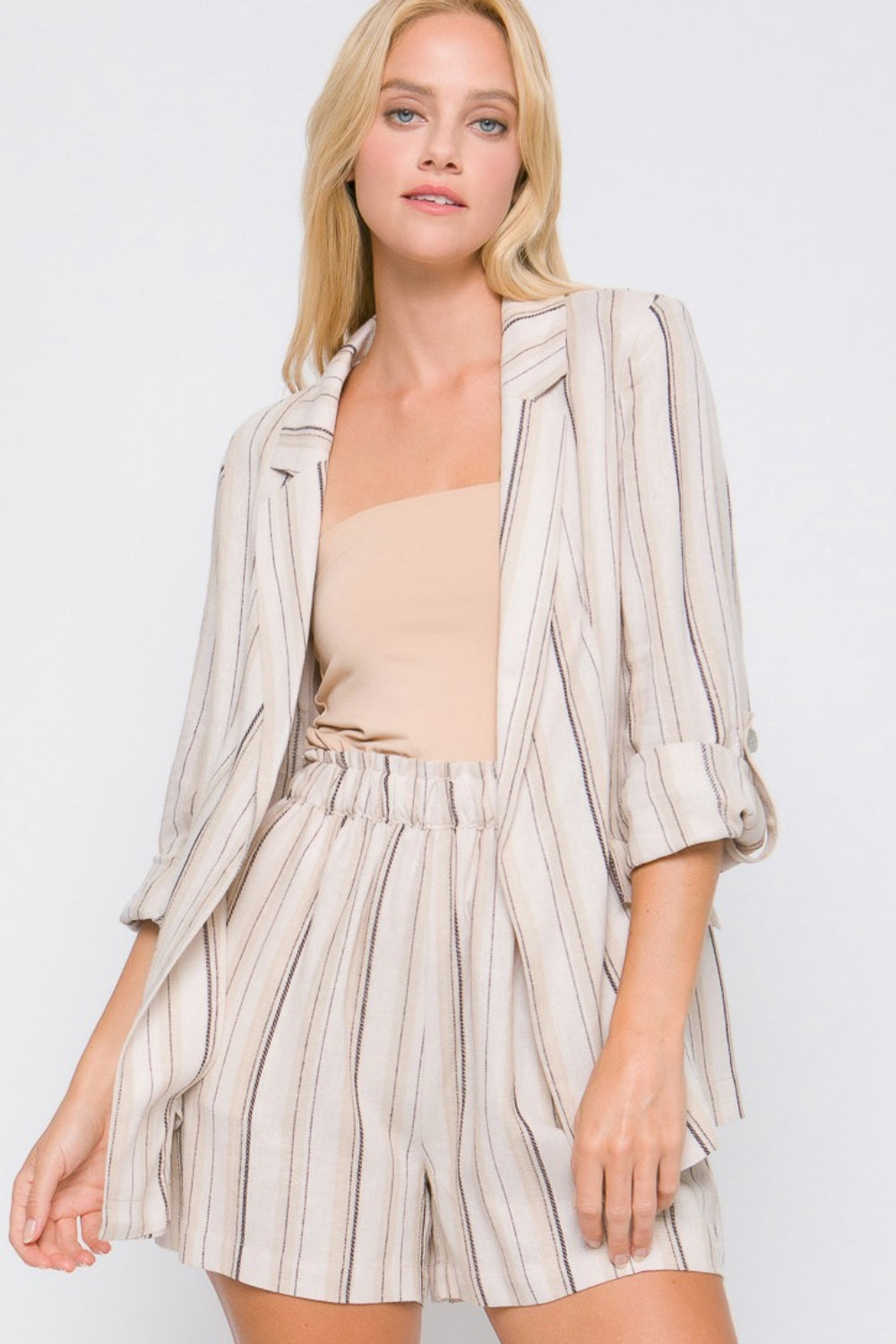 Love Tree Linen Woven Striped Blazer Mocha Set