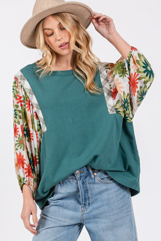 Printed Balloon Sleeve Contrast Top Teal top