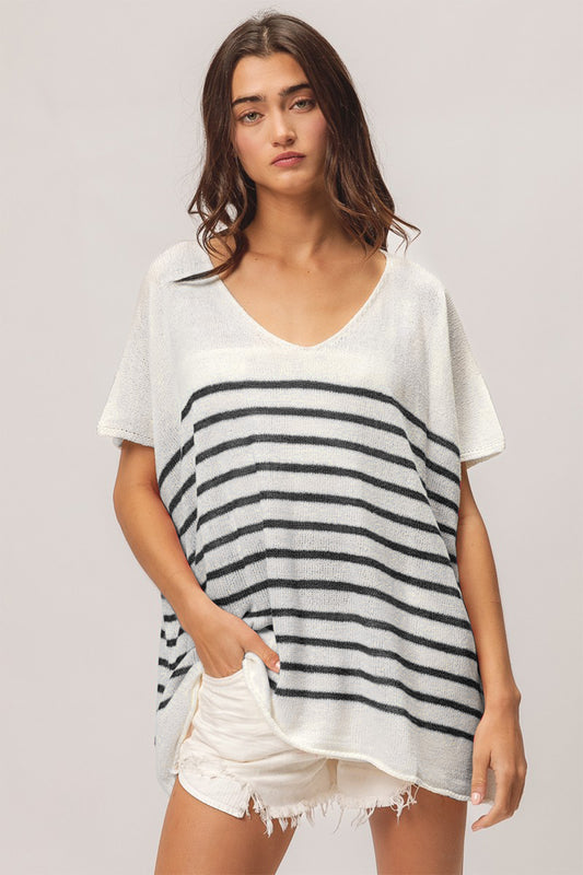 BiBi V Neck Striped Short Sleeve Top top