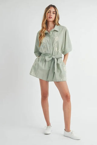 Embroidered Button Down Collared Neck Romper Romper