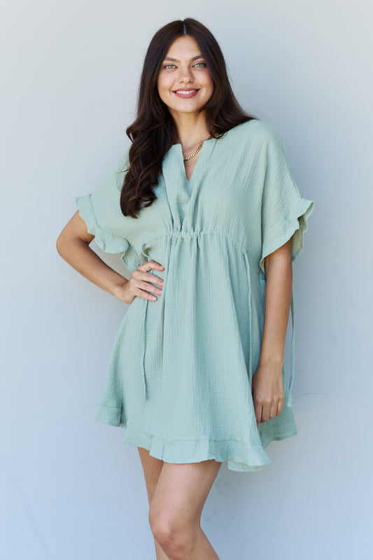 Ninexis Out Of Time Full Size Ruffle Hem Dress with Drawstring Waistband in Light Sage Dress
