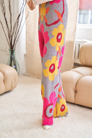 Flower Printed Casual Cozy Full Long Wide Pants GREY FUCHSIA Pants