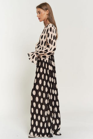 Polka Dot Ruffled Long Sleeve Pleated Maxi Dress Dress