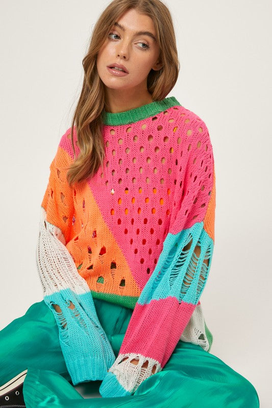 COLOR BLOCK DISTRESSED DETAIL PULLOVER SWEATER NEON MULTI Sweater