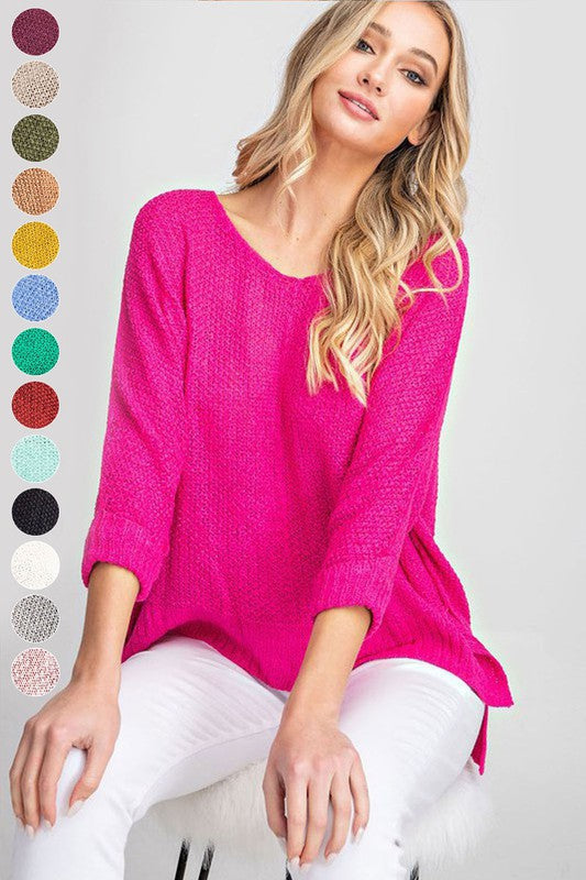 Crew Neck Knit Sweater HOT PINK Top