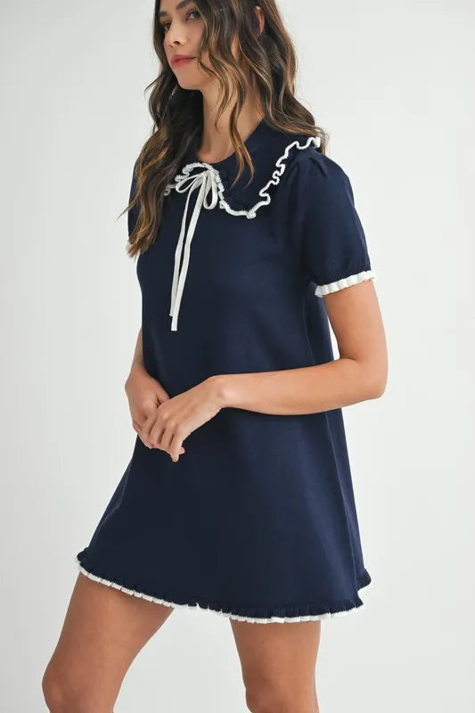 Ruffle Trimmed Collar Fine Knit Mini Dress Dress