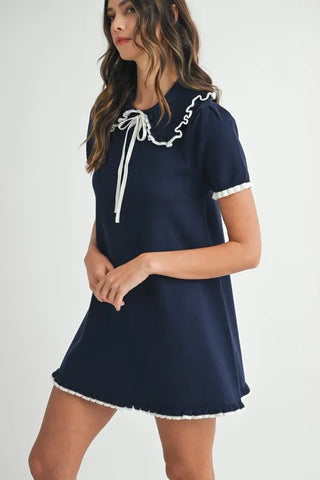 Ruffle Trimmed Collar Fine Knit Mini Dress Dress
