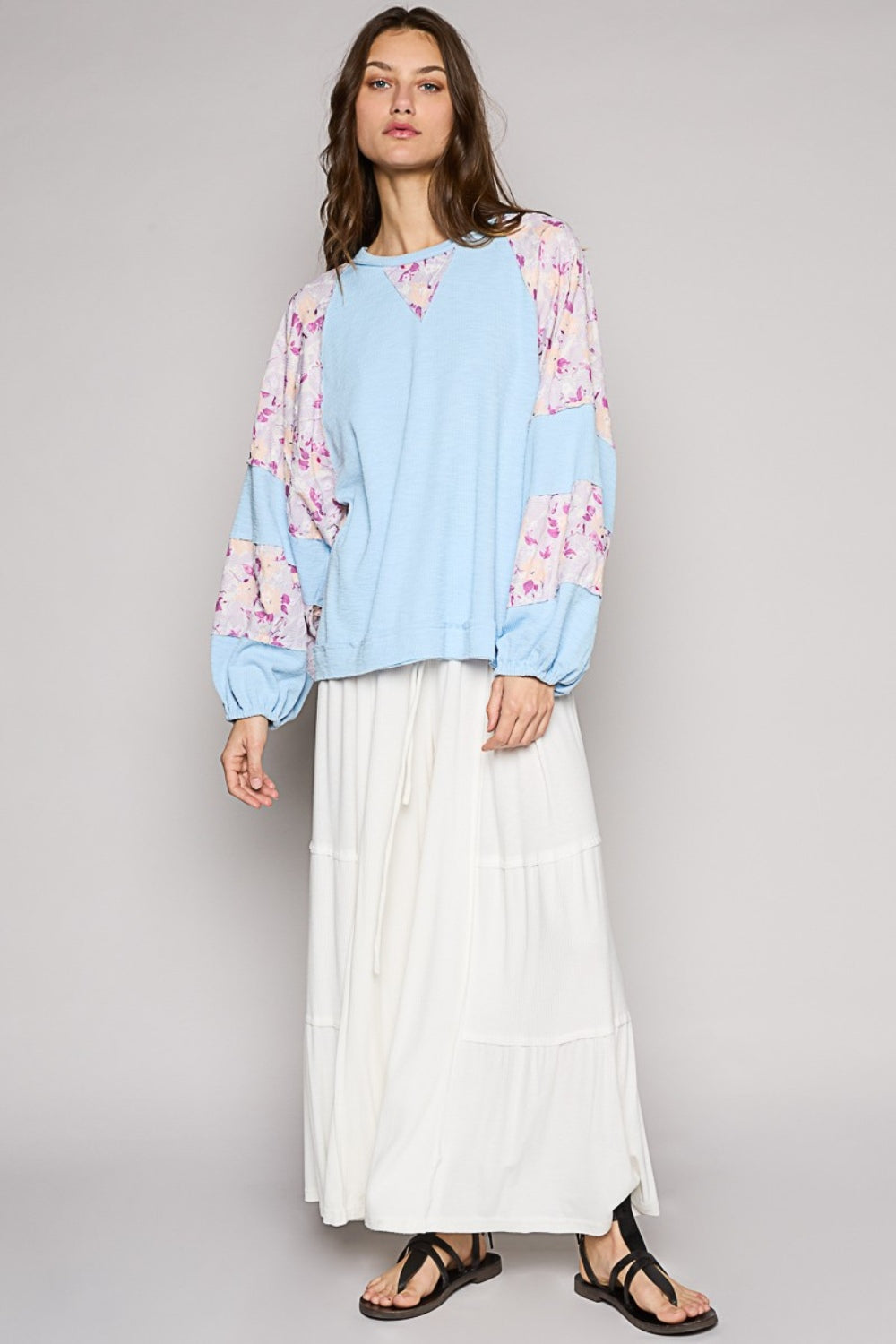 POL Round Neck Balloon Floral Long Sleeve Top Top