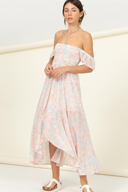 Pastel Florals Smocked Midi Dress PINK Dress