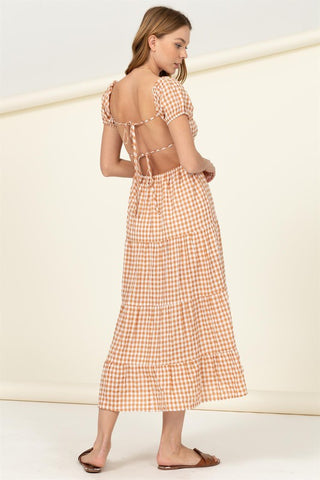 Somewhere to Go Tie-Back Gingham Print Maxi Dress Dress