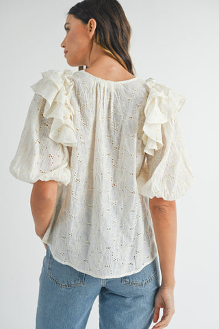 MABLE Eyelet Lace Ruffle Shoulder Puff Sleeve Blouse Dress