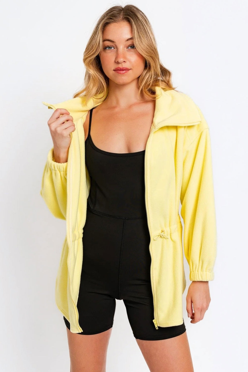 Tasha Apparel Zip Up Waist Drawstring Soft Fleece Jacket Citron Yellow Jacket