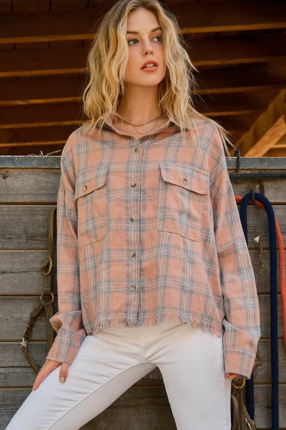 Plaid Button Up Raw Hem Shirt Pink Shirt