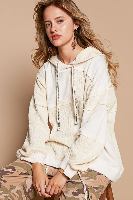 POL Exposed Seam Hooded Knit Top Cream Top