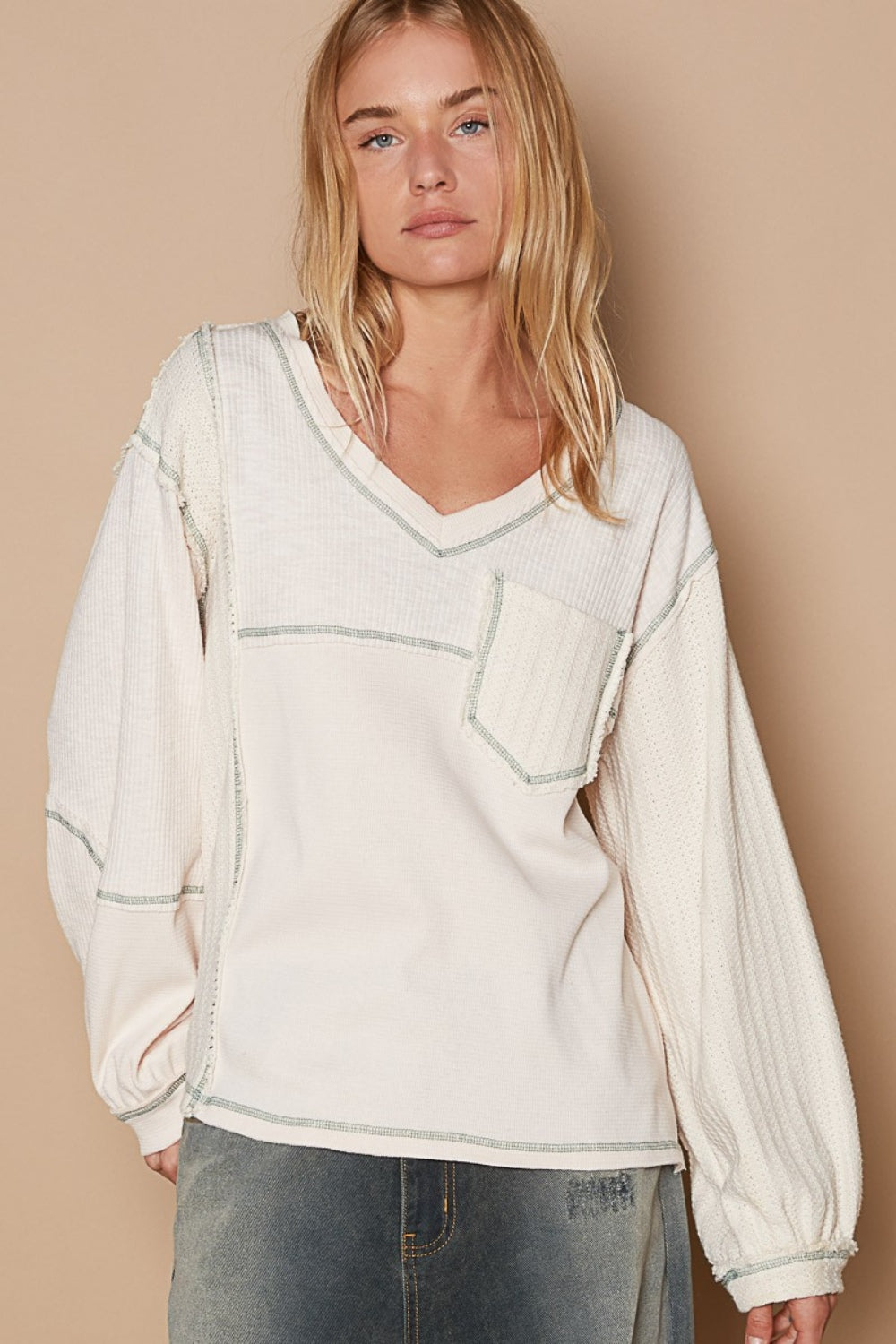 POL V-Neck knit Panel Exposed Seam Top Cream Top