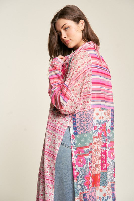 Mesh Print Mix Matched Button Front Cover Up Kimono Cardigan