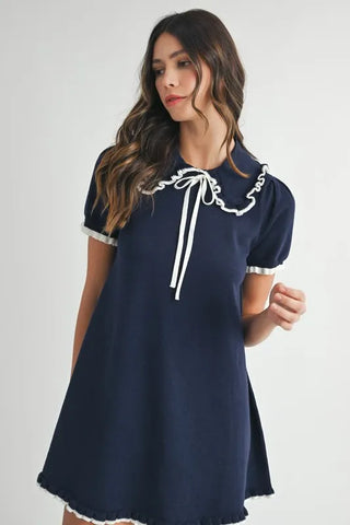 Ruffle Trimmed Collar Fine Knit Mini Dress Dress