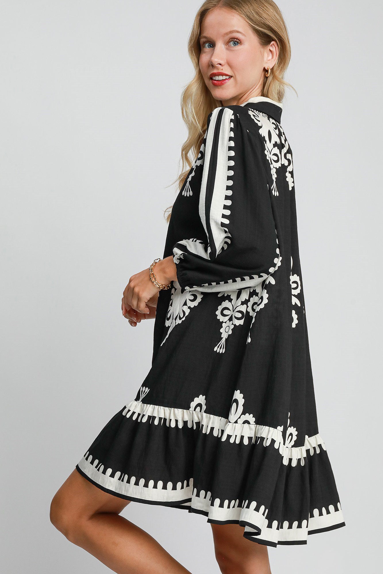 Umgee Border Print Button Down Ruffled Hem Dress Dress