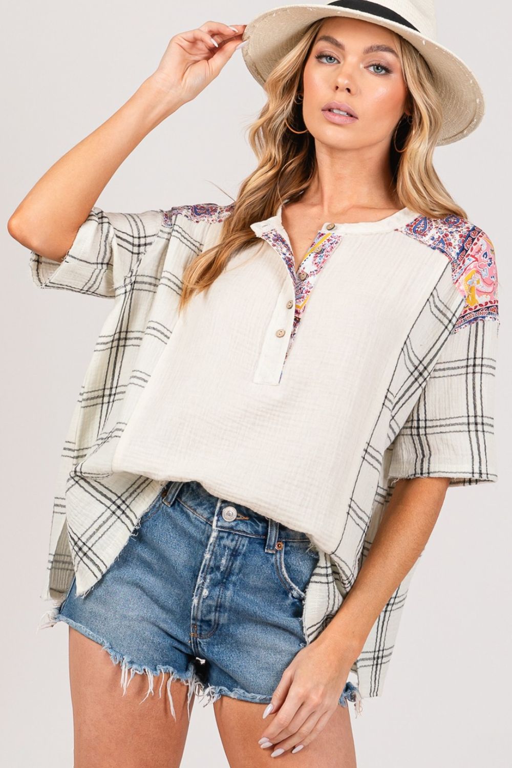 SAGE + FIG Plaid Half Button Gauze Top Ivory Top