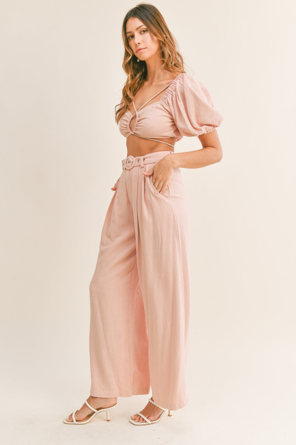MABLE Cut Out Drawstring Crop Top and Belted Pants Set Dusty Pink Set