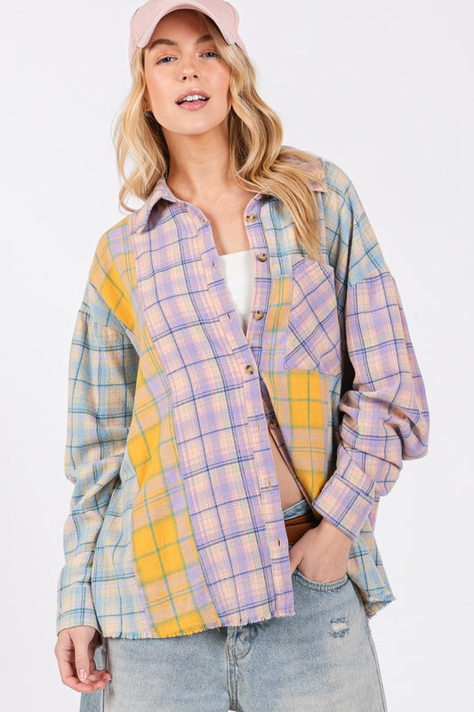 Button Up Raw Hem Plaid Flannel Shirt Lavender Shirt