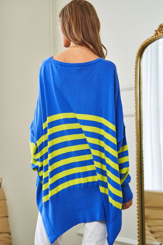 Multi Striped Elbow Patch Loose Fit Sweater Top Sweater