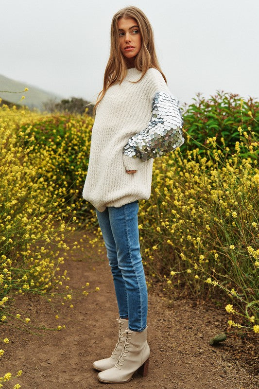 Sequin Sleeve Sweater Knit Tunic Top Sweater