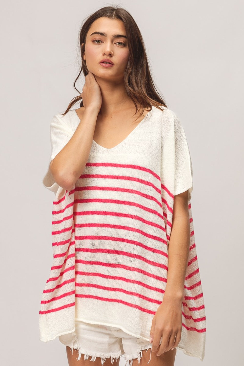 BiBi V Neck Striped Short Sleeve Top Top