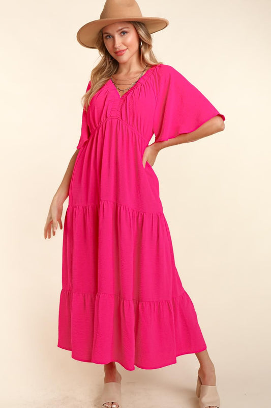 Haptics Tiered Babydoll Maxi Dress with Side Pocket Hot Pink Dress