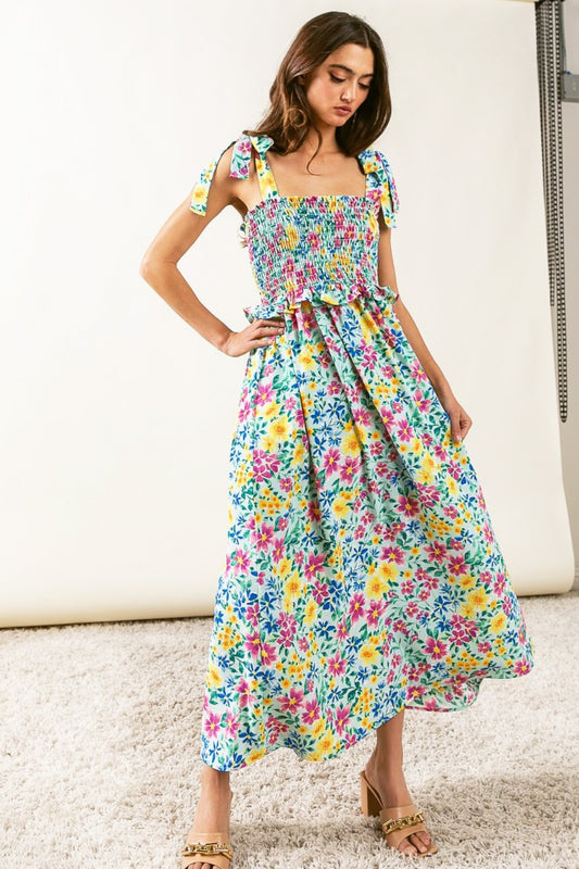 BiBi Floral Ruffle Trim Smocked Cami Dress Mint Dress